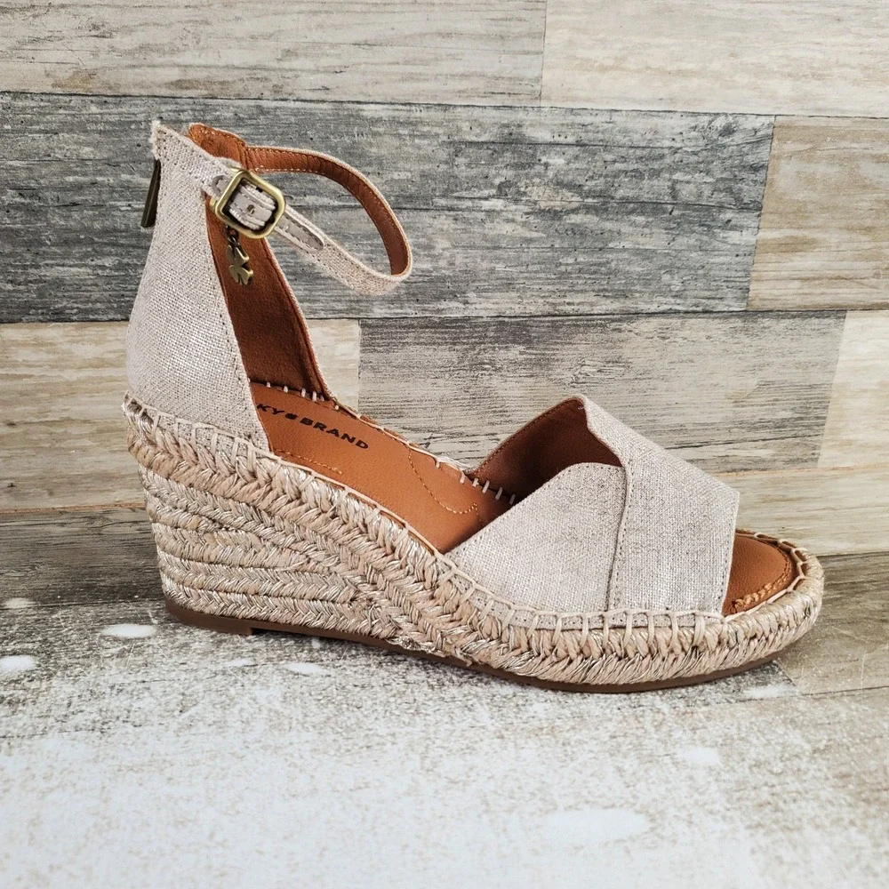 Lucky Brand Canella Espadrille Wedge Sandals Womens Sz 7.5 M Natural Platino